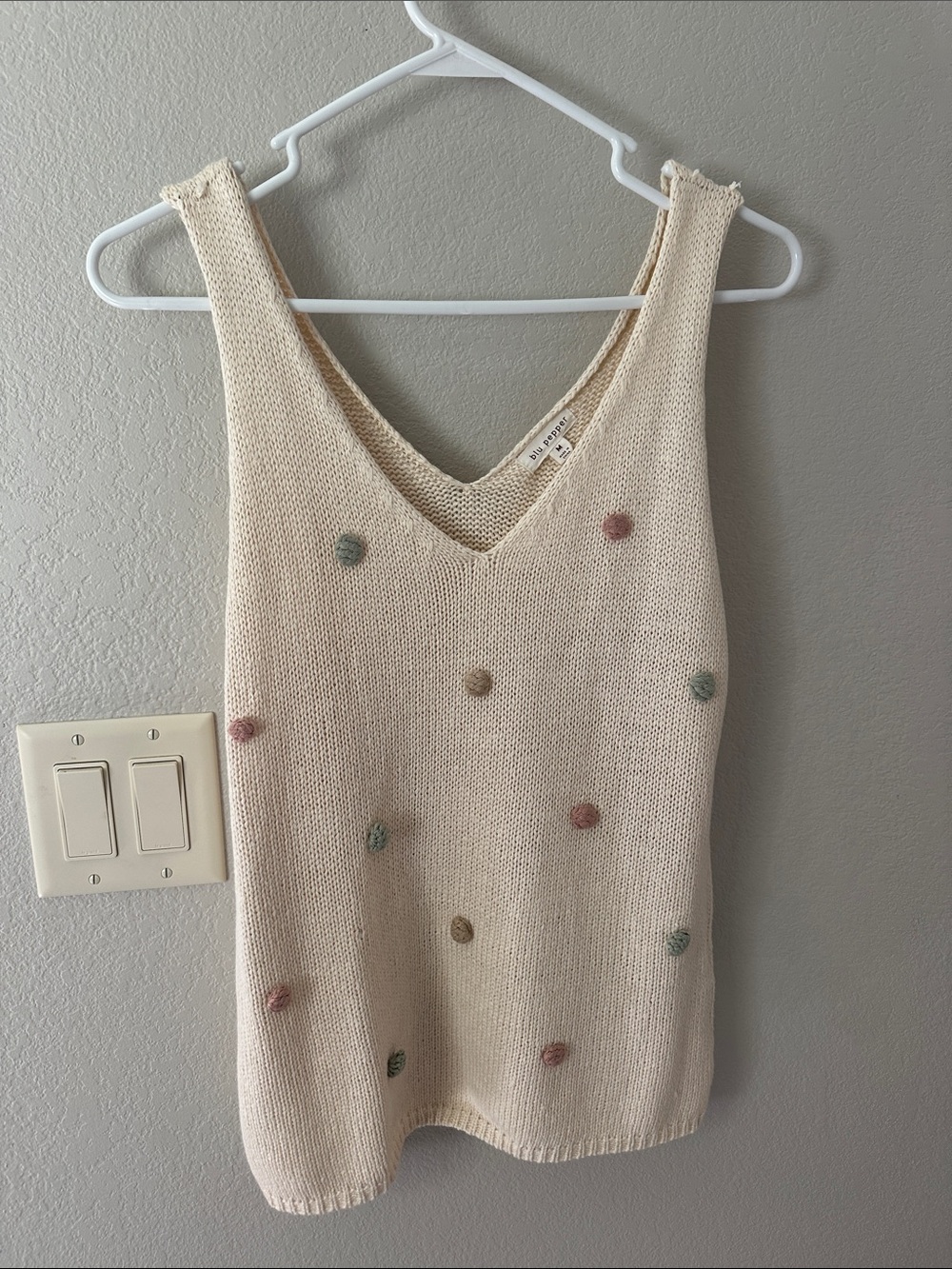 Blu Pepper Cream Knit V-Neck Tank with Pastel Pom Dots